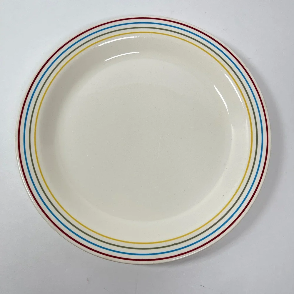 Royal China Aurora Dinner Plate White Red Yellow Blue Stripes Vintage MCM 10in